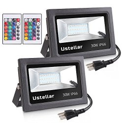 Ustellar 2 Pack 30W Rgb LED Flood Lights Outdoor Color Changing Floodlight With Remote Control IP66 Waterproof 16 Colors 4 Modes Dimmable Wall Washer
