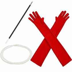 1920S Accessories Costume Fancy Dress Plastic Holder Pearl Beads Long Gloves Set Red