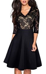 Women's Homeyee Chic V-neck Lace Patchwork Flare Party Dress A062 6 Black