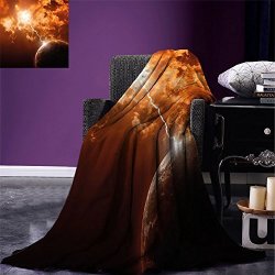Smallbeefly Space Digital Printing Blanket Surreal Moon With Thunder And Clouds Dramatic Cosmos Galaxy Themed Picture Summer Quilt Comforter Redwood Dark Orange