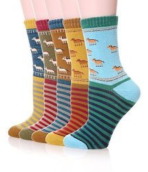 CoLor City Womens 5 Pairs Thick Soft Cute Cotton Socks - Winter Warm Crew Socks Horse
