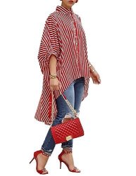 Yanekop Womens Striped Print Batwing Half Sleeve Dip Hem Loose Blouse Long Tops Red S
