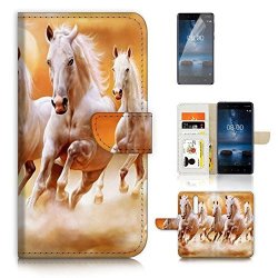 For Nokia 8 Flip Wallet Case Cover & Screen Protector Bundle - A21143 White Horse