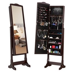 LANGRIA 10 Leds Free Standing Jewelry Cabinet Lockable Full-length Mirrored Jewelry Armoire With 5 Shelves Organizer For Rings Earrings Bracelets Broaches Cosmetics Brown