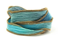 Ocean Blues Handmade Silk Ribbon - Mixed Light And Dark Blue Blend With Brown Edges
