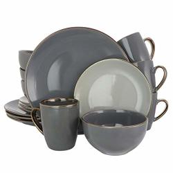 Elama Round Stoneware Grand Collection Dinnerware Dish Set 16 Piece Assorted Solid Gray