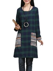 Vintage Women Plaid Patchwork Pocket Long Sleeve Loose Ethnic Dress
