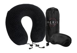AERIS Memory Foam Travel Neck Pillow With Sleep Mask Earplugs Carry Bag Adjustable Toggles And Velour Cover Black