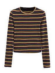 Milumia Women's Casual Striped Ribbed Tee Knit Crop Top L us 8 A-MULTI-1