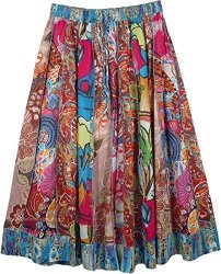 Tlb Midi Length Skirt Floral Patchwork With Vertical Panels - L:32" W:30"-36