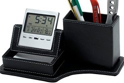 Leather Desk Clock With Multi-functional Pen Holder - Pencil Container - Phone Holder And Business Card Holder Includes Batteries
