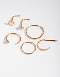 Surgical Steel Gold Sun Twist Diamante Nose Ring 6-PACK