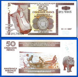 Burundi 50 Francs 2007 Unc Boat Animal Rhino Africa Banknote Frcs Frc