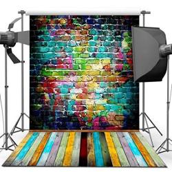 Photo Backdrop Econious 5X7FT Colorful Brick Wall Wood Floor Backdrop For Photography Resistant Fleece-like Cloth Fabric With Rod Pocket Backdrop Only