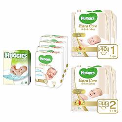 Huggies Extra Care Size 1 Baby Diapers 2X40=80 Diapers Size 2 2X44=88 Diapers + Huggies Extra Care Wet Wipes 4X4=16 Single Pack + Huggies