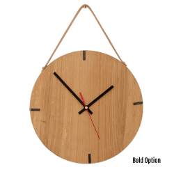 Finn Wall Clock In Oak - 250MM Dia Clear Varnish Bold Red Second Hand