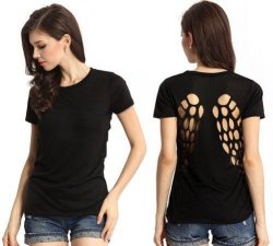 Angel Wings Hollow Out Open Back Black Shirt Asian Size: Xxl