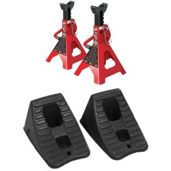 Double Locking Jack Stands And Tire Hugger Wheel Chock Set