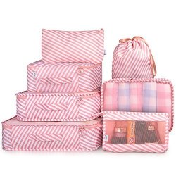 Packing Cubes 7 Pcs Travel Luggage Packing Organizers Set With Toiletry Bag Pink Stripe