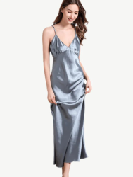 Marilyn Satin Slip Maxi Dress - Steel Blue - Medium