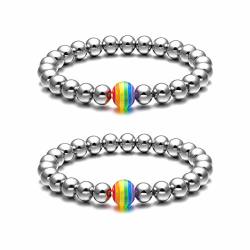 Jovivi 2PCS Couples Bracelets Rainbow Pride Lgbt Bracelet Stainless Steel 8MM Silver Round Ball Beads Beaded Elastic Bracelet