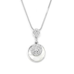 Silver Tone Round Pendant With Acrylic Pearl Inlay And Clear Crystals