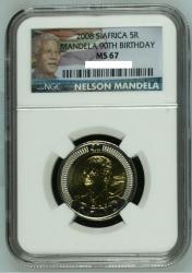 2008 Ms 67 Ngc Graded - Mandela 90TH Birthday R5 Coin - New Label.