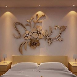 Fabal 3D Mirror Floral Art Removable Wall Sticker Acrylic Mural Decal Home Room Decor Gold