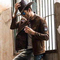 Flavor Men's Real Leather Jacket - Brown L