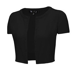 Yemak Women's Cropped Bolero Button Down Short Sleeve Cardigan Sweater CB0536-BLK-L Black