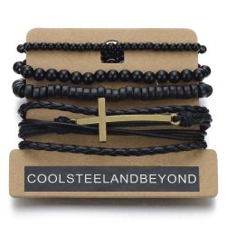 Mix Of 4 Black Brown Wrap Bracelets For Men Women Multi-strand Wood Beads Lea...