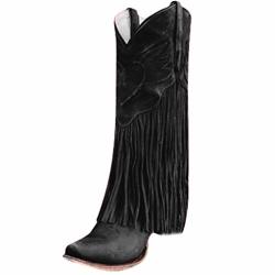 Happylove Women's Fringe Western Cowboy Boot Mid-calf Boots Female Cowboy Low Heel Fashion Tassel Boots Black