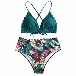 Women's Two-piece Swimsuits Leaf Printed Swimwear Cross Tie High Waist Bikini Sets Beachwear Tankini Green