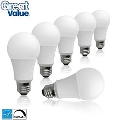 Case Of 6 Great Value Dimmable LED A19 60W Replacement Light Bulbs In Soft White With Medium Screw-in Base 10W 2700K E26 Base Energy