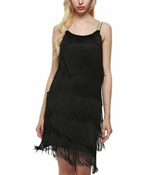 Fashion Celltronic Women Straps Dress Tassels Glam Party Dress Gatsby Fringe Flapper Costume Dress Black L
