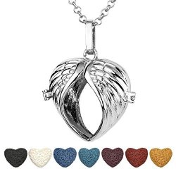 Top Plaza Aromatherapy Essential Oil Diffuser Necklace Antique Silver Heart Shape Locket Pendant With 7 Dyed Lava Rock Hollow Wing