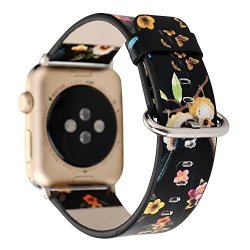 For 38MM Apple Watch Band Women Replacement Band Floral Flower Pattern Pu Leather Wristband Watch Band For Apple Watch Strap Bracelet For Iwatch 38MM