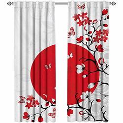Shenglv Japanese Curtains Elegant Japanese Culture Inspired Artwork Cherry Blossom Sakura Tree Eastern Curtains Kitchen Valance W72 X L84 Inch Vermilion Black White