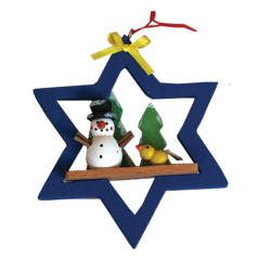 Hanging Ornament - Wood Star With Snowman 10cm