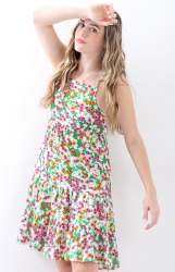 Big Girls Strappy Tiered Dress - Green Floral - Green Floral 9-10 Years