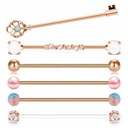 Qwalit Industrial Barbell Earrings 14G Surgical Stainless Steel Opal Heart Scaffold Industrial Piercing Jewelry Clear Retainer Bar 35MM 38MM For Women Men Rose Gold