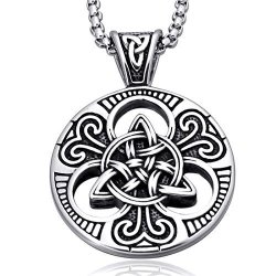 Mens Women's Celtic Knot Magic Double Side Solid Heavy Pendant Necklace Men's Stainless Steel Box Chain Jewelry Length 23.6 Inches