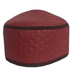 Leather Khurshid Men's Cap Football Check Koofi Kufi Biker's Cap Prayer Hat 22-24 Inches Head Size Dark Red