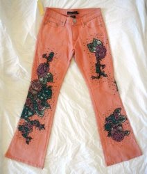Designer Jean - Pink Denim With Floral Patterns - Size 8 Bootleg