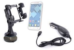 Duragadget In Car Windscreen Phone Suction Mount Cradle + Bonus Car Charger For Alcatel One Touch Pop S3 Alcatel One Touch Idol MINI 6012D & Hisense U912