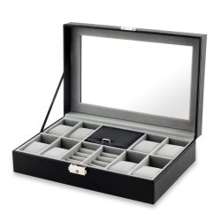 8 Slots Pu Leather Jewelry Display Case With Lock & Glass Top - Black