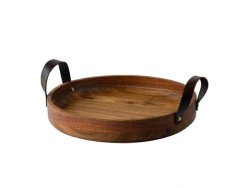 Kiaat Wooden Tray Bowl With Leather Handles