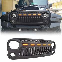 Haitzu Grill For Jeep Wrangler Jk Accessories 2007-2018 Matte Black Angry Face Grill With 5 Amber Lights For Jeep Rubicon Sahara Sport Jku