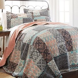 3PC Girls Teal Blue Coral Pink Patchwork Quilt Full Queen Set Solid Color Tribal Ikat Bedding Squares Pattern Florals Southwest Native American Lightweight Cotton Polyester