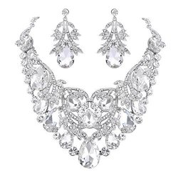 Brilove Women's Bohemian Boho Statement Necklace Dangle Earrings Jewelry Set Crystal Teardrop Filigree Leaf Hollow Design Clear Silver-tone